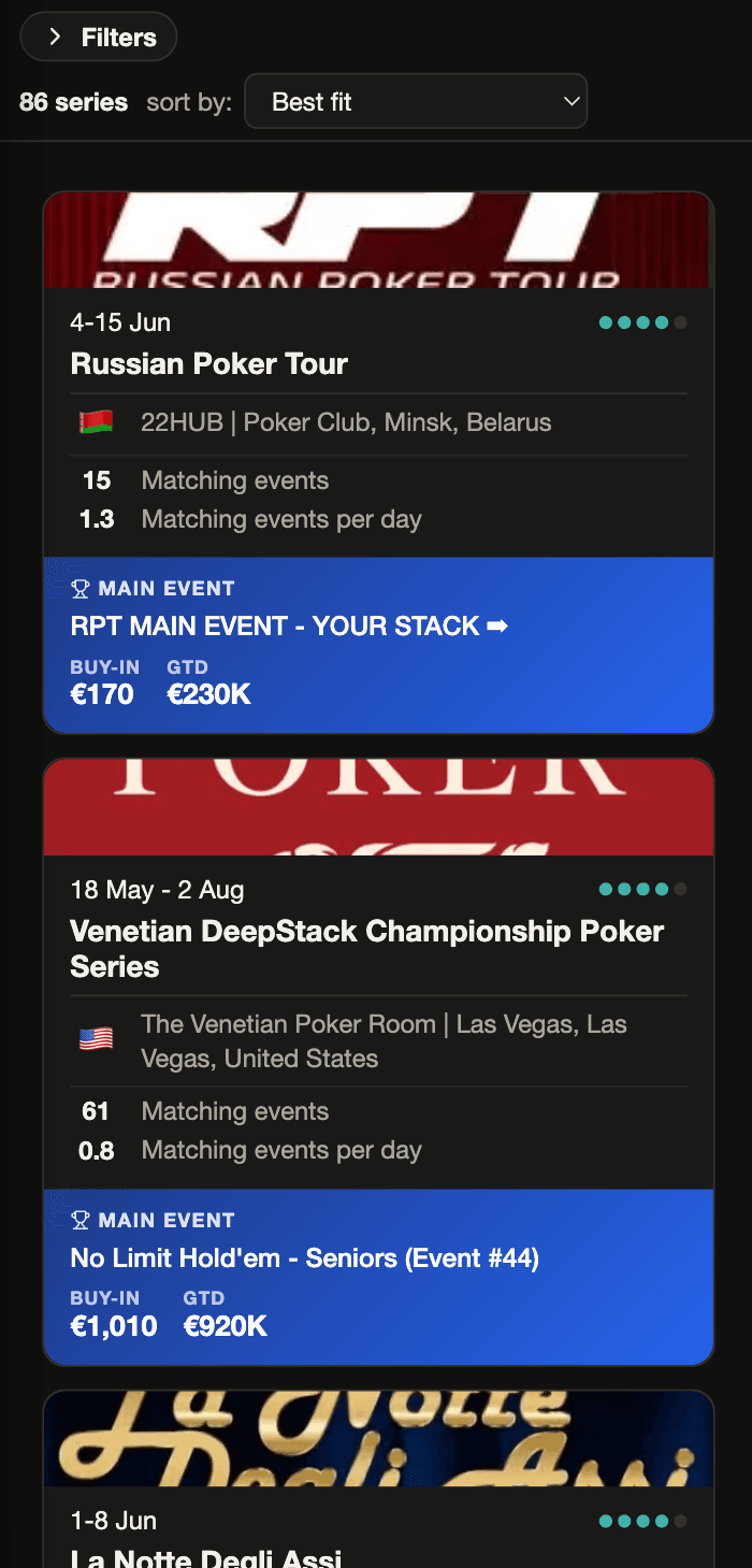 Chip & Chair series list with filters and main events (mobile)